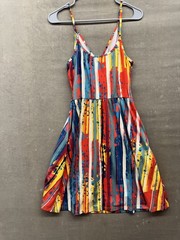 Styleword Dress Womens Medium Red Blue Yellow Striped Fit Flare Pockets Pre-Owne