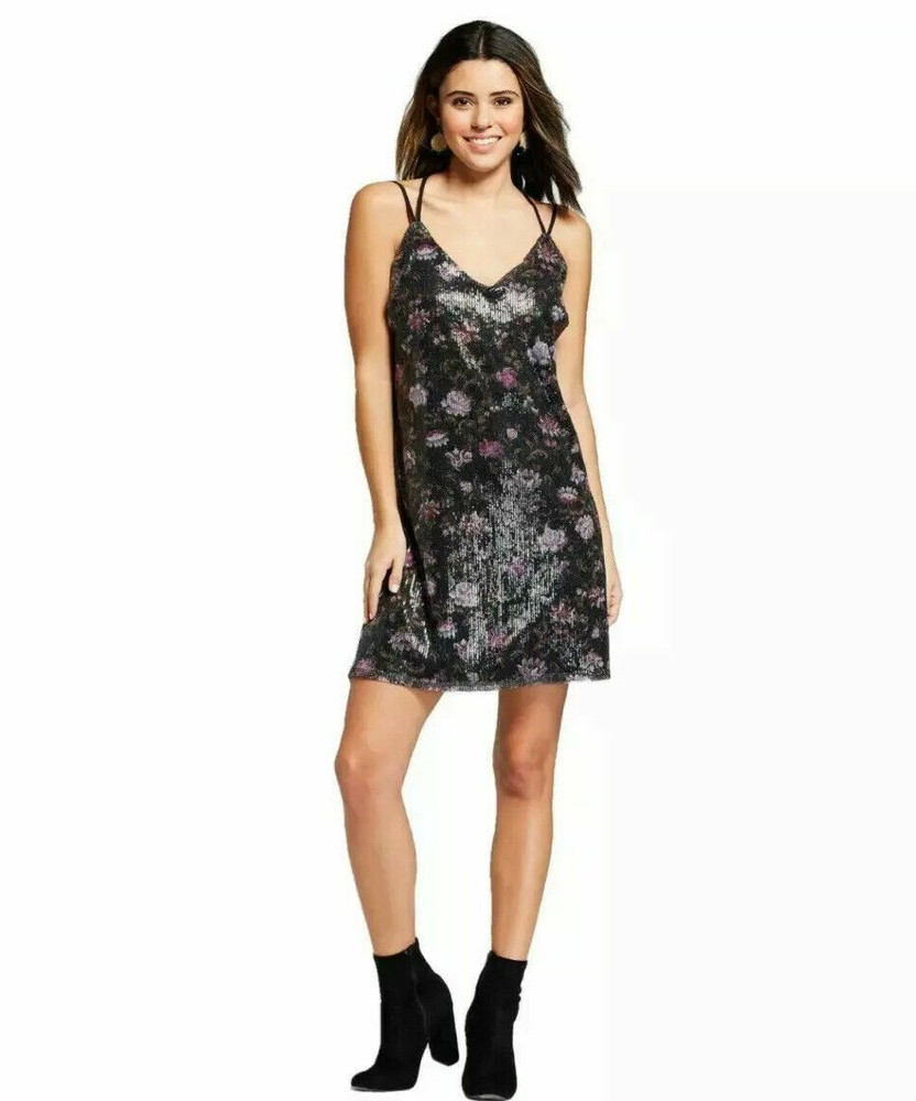 Sequin Dress Black Floral Juniors Sz XS Spaghetti T-Strap V-Neck Xhilaration