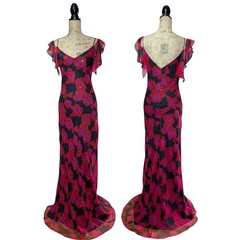 90s 100% Silk Long Bias Cut Beaded Floral Dress UK 12 (US 8 )