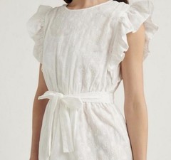 Lucky Brand Dress Maxi White S 💯% Cotton Reese Flutter Sleeve Embroidered