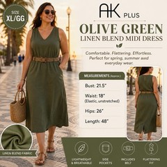 AK Plus Size Olive Green Linen Blend Midi Dress Belted Pockets Size XL/GG