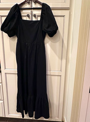 Express Black Square Neck Puff Sleeve Smocked Midi A-Line Dress Women L