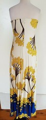 Review Womens Vintage Dress Ivory Yellow Blue Stretch Knit Retro Maxi Size 8