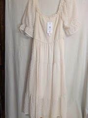 MEROKEETY Beige Dotted Square Neck Puff Sleeve Smocked Chiffon Maxi Dress L
