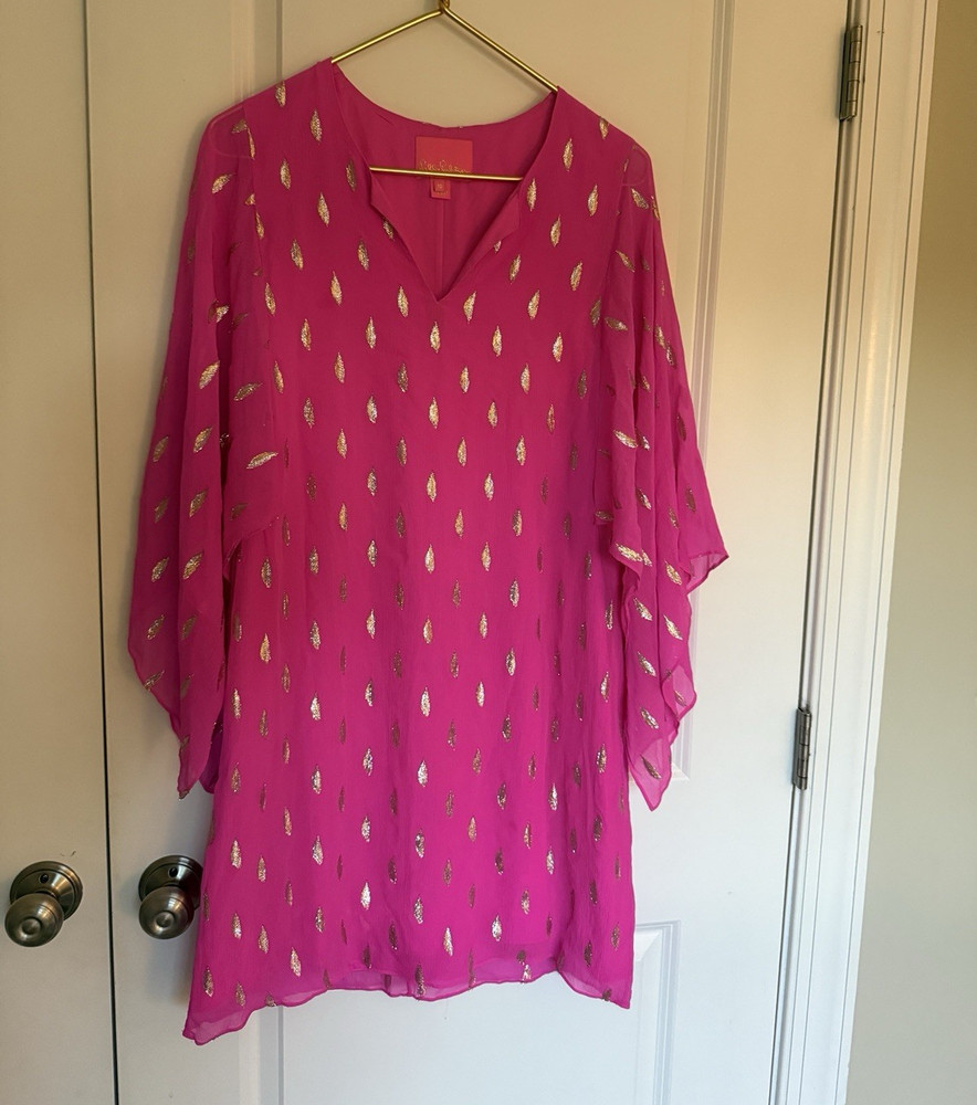 Lilly Pulitzer “Shalynn” Kaftan Pink Gold Metallic Chiffon Dress Silk Lined 10