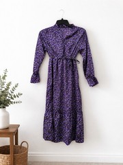 Purple Floral Midi Dress Women’s Small Long Sleeve Elastic Waist Boho