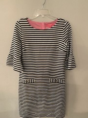 Lilly Pulitzer Black White Striped Shift Mini Dress Sz S 3/4 Bell Sleeve Zip
