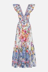 CAMILLA « Dutch Is Life » Tiered Frill Cotton V-Neck Open Back Maxi Dress, L $899