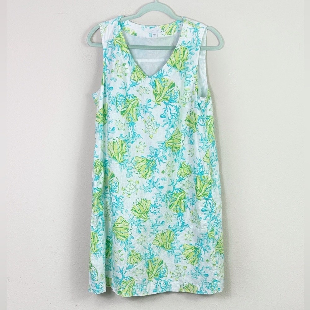 J. Jill 100% Linen Nautical Coastal Dress Sleeveless Lined White Blue Green sz S