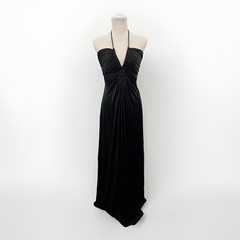 VTG Joy Stevens Dress Women S Black Halter Neck Ruched Plunging V-Neck Maxi Gown