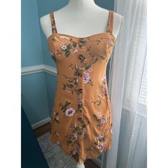 American Eagle Floral Button Front Mini Dress Mustard Yellow XS Smocked Back