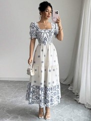 Women Blue White Midi Dress Square Neck A Line Short Sleeve Casual Summer Dress