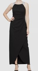 SLNY Women&rsquo;s Black Embellished-Strap Halter Scuba Crepe A Line Gown Size 14