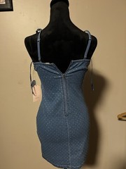 Iris Basic S Blue Denim Rhinestone Bodycon Mini Dress V-Neck Zip Sleeveless