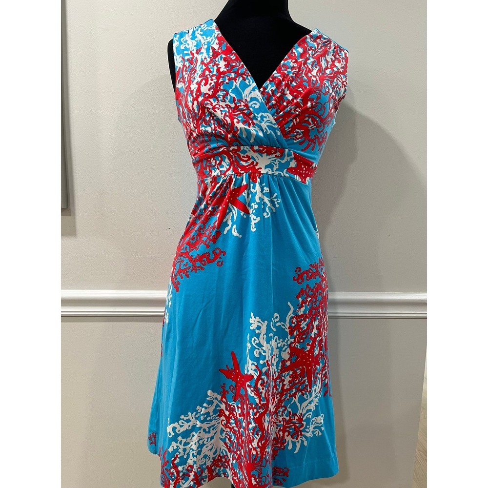 Lilly Pulitzer Blue Red Coral Starfish Print V-Neck Empire Waist Dress Small