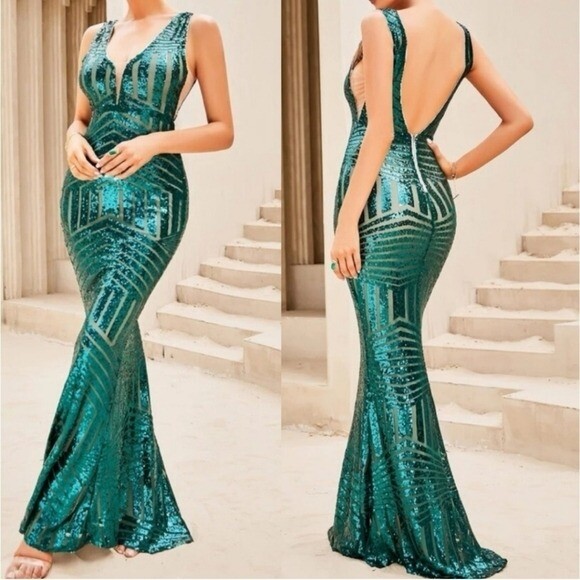 GREEN V NECK, RANDOM PRINT, BACKLESS, CONTRAST MESH, SEQUINED, MERMAI…