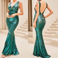 GREEN V NECK, RANDOM PRINT, BACKLESS, CONTRAST MESH, SEQUINED, MERMAI…