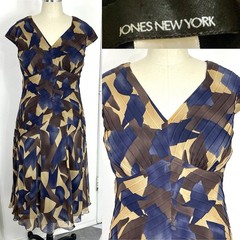 Jones NY Plus Size 26 SILK Dress Brown Navy Tan see measurements & size chart.