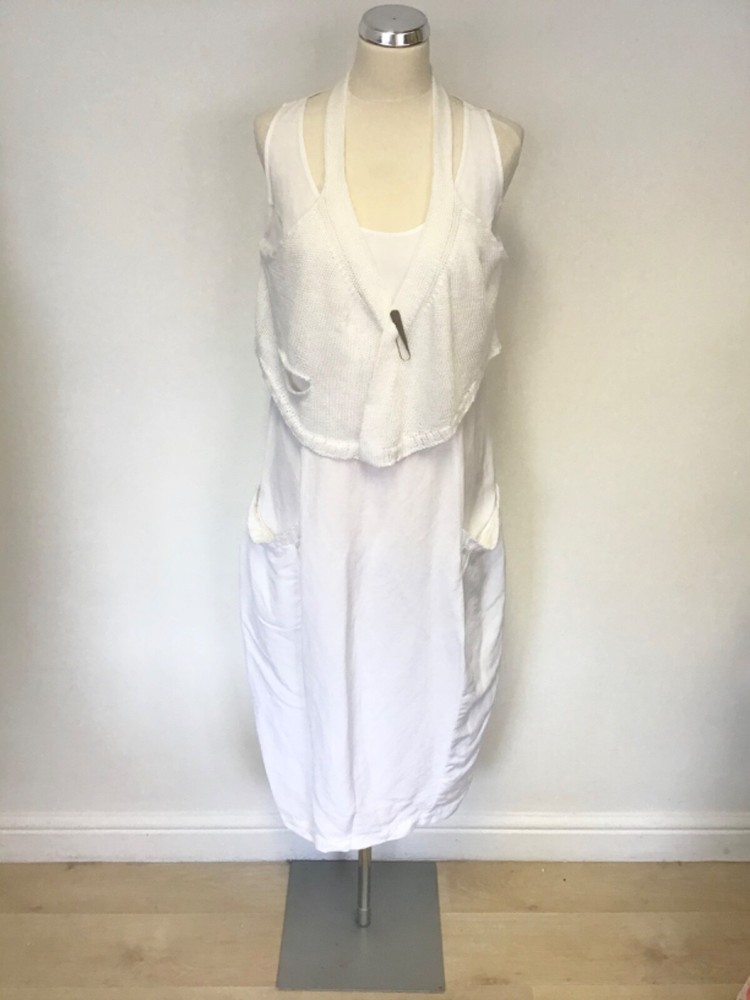 CREA CONCEPT WHITE LINEN & KNIT HALTER FRONT TOP MIDI DRESS SIZE 40 UK 14