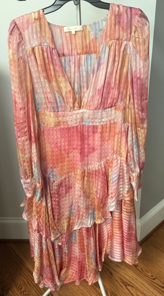 LoveShackFancy Pink Blue Ivory Abstract Pleated Ruffle Chiffon Silk Midi 10