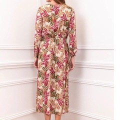 Parisian M&M NWT Tropical Leaf Maxi Dress m 100% Cotton Pink Green Long Slv $158