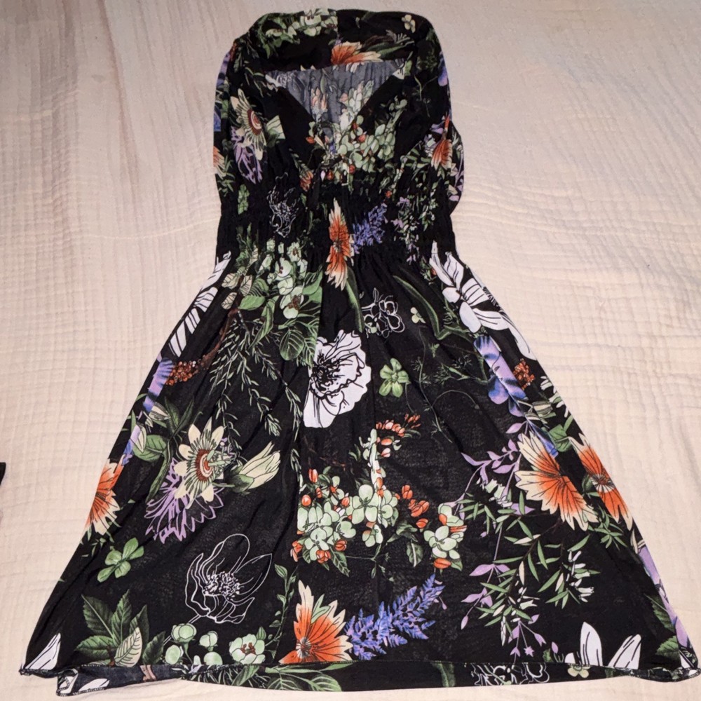 Women&rsquo;s Strapless Sleeveless Floral Sundress Short Black Multicolor L/XL