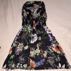 Women&rsquo;s Strapless Sleeveless Floral Sundress Short Black Multicolor L/XL
