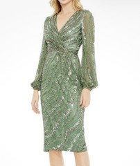 Mac Duggal # 5573Green Sequin V-Neck Balloon Long Sleeve Midi size 12 $498