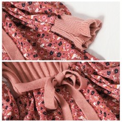 Floral Long Dress Velvet High Neck Splice Knit Lace Up Pullover