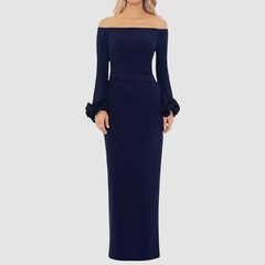 Xscape Women&rsquo;s Blue Scuba Crepe Off-Shoulder Ruffled Cuff Gown Dress Size 6