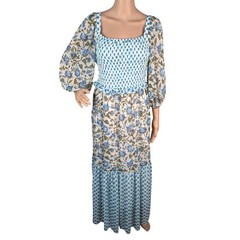 Taylor Floral Cottagecore Maxi Dress 10 White Blue Green Puff Sleeve Smocked
