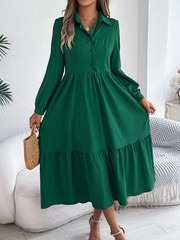 Casual Vacation Long Sleeved Turn-down Collar SingleBreasted Dress Spring Autum.