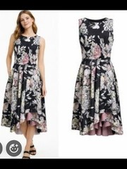 White House Black Market Floral High-Low Midi Dress in Black and Pink – Size 12