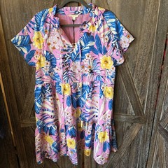 Cotton Bleu Dress Women&rsquo;s Size XL Multi Color Floral Ruffle Neckline Lightweight