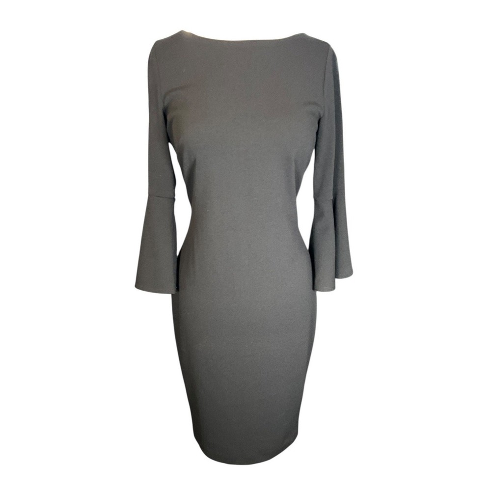 Old Money Calvin Klein Black Sheath Dress Size 6 Bell Sleeve Gold Zip Back Midi