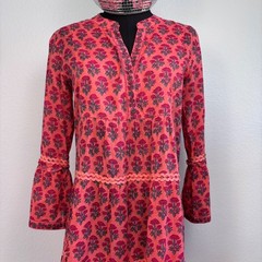 Lola Australia Morocco Mini Strawberry Dress, Size XXS, Pink Floral Bell Sleeve