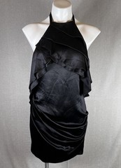 Womens Size Medium 100% Silk Open Back Halter Ruffled Mini Dress Black Ruched