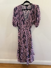 Husk Pink And Navy Native Leaves And Flora Silk Wrap Dress Size 16