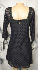 SOLITAIRE Black Circle Lace Square Neck Dress Large 3/4 Tied Cuff Sleeves Lined