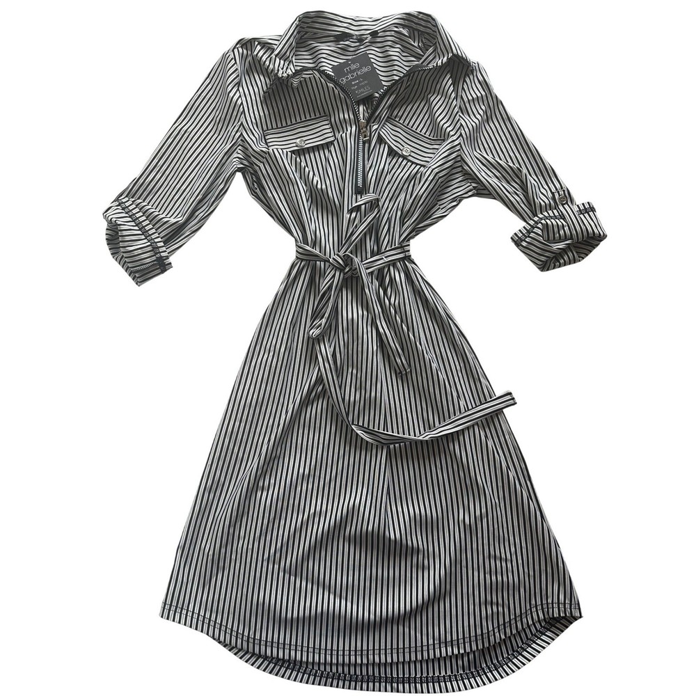 Mlle Gabrielle Black White Striped Half Zip Tie Waist Shirt Dress Sz Large NWT