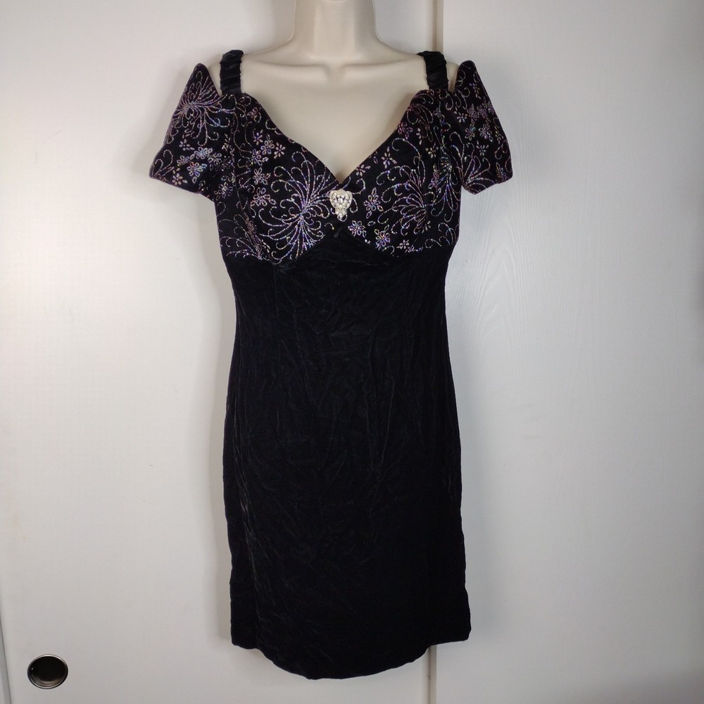 Scott McClintock Black Maroon Cocktail Dress Velvet Sz 10 Off Shoulder 90s Y2K