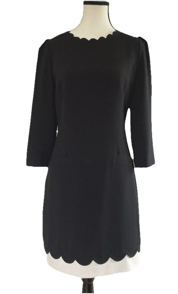 Ted Baker Payton Scallop Detail Shift Dress 3/4 Sleeves Lined Black UK 1 / US 4