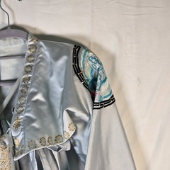 Traditional Chinese Hanfu Dress Set Blue Satin Phoenix Cosplay Gold Foil Sz XS