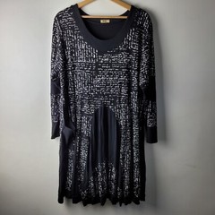 MB Germany Women L Black White Writing Draped Dress Casual Lagenlook Artist