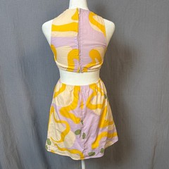 Sabo Linen Cotton Mini Dress Abstract Cut-Out XXS Yellow Lilac Retro Summer Boho