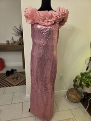 Women’s Pink Solid Sequin Off Shoulder Ruffle Long Gown Zip Closure Size L