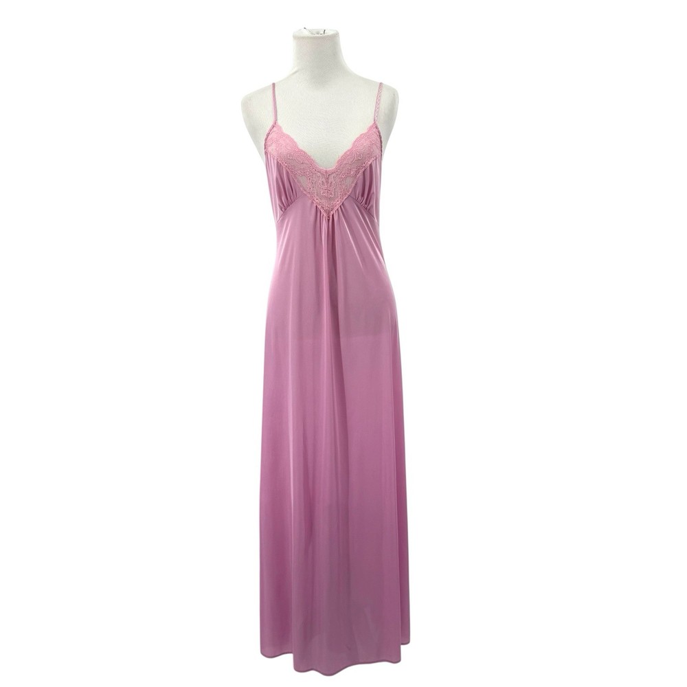 Vintage Pink Slip Dress Gown Sz S Gilead Babydoll Lace Trim Maxi Nylon Coquette