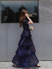 Womens Self-Portrait Lace Assembling Dark blue A-line Cake Dresses