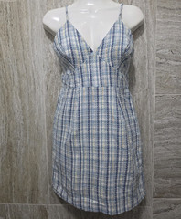 Monteau Los Angeles Blue White Plaid Tweed V-Neck Strappy Mini Dress XS