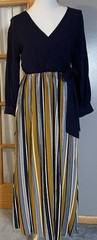 Anthropologie JODIFL Maxi Dress Sz M Navy Gold Stripes Bow V Neck Modern Classic